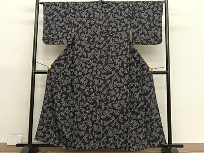 平和屋着物▽上質な小紋　単衣　葡萄蔦の葉文　濃紺地　正絹　逸品　BAAX7165hv