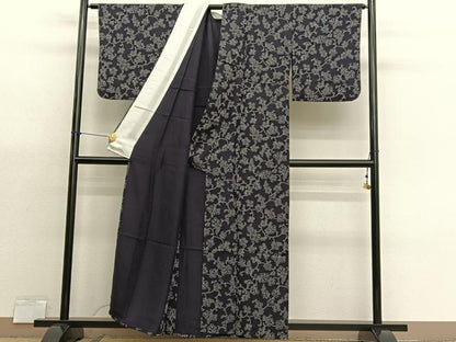 平和屋着物▽上質な小紋　単衣　葡萄蔦の葉文　濃紺地　正絹　逸品　BAAX7165hv