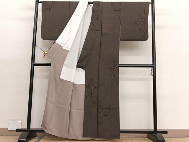 平和屋着物■上質な小紋　竹並べ麻の葉文様　黒地　正絹　逸品　BAAX7171hv
