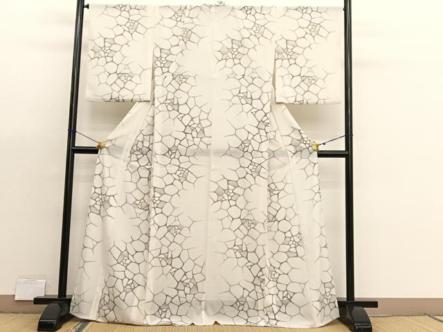 平和屋着物＊夏物　小紋　絽縮緬　石畳文様　暈し染め　洗える着物　BAAX7211hv