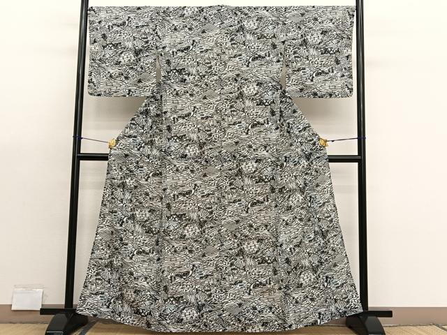 平和屋着物＊夏物　小紋　型染め　絽　風景文　洗える着物　BAAX7221hv