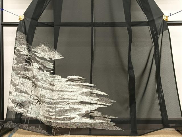 平和屋着物＊夏物　訪問着　絽　笹竹文　黒地　金彩　洗える着物　BAAX7223hv