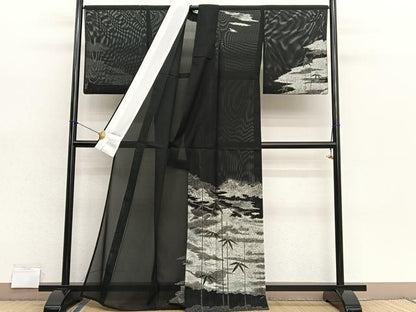 平和屋着物＊夏物　訪問着　絽　笹竹文　黒地　金彩　洗える着物　BAAX7223hv