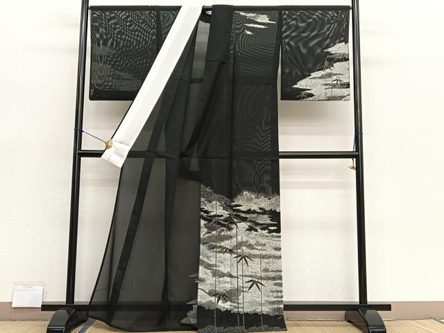 平和屋着物＊夏物　訪問着　絽　笹竹文　黒地　金彩　洗える着物　BAAX7223hv