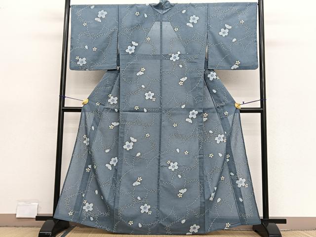 平和屋着物＊夏物　小紋　紗　桜　洗える着物　BAAX7233hv