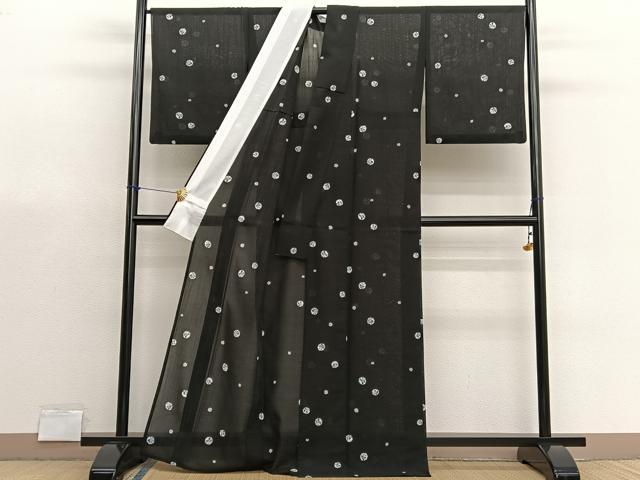 平和屋着物＊夏物　小紋　紗　草花丸文　黒地　洗える着物　BAAX7235hv