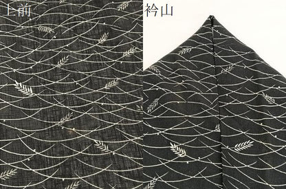 平和屋着物＊夏物　小紋　紗　露芝草葉文　黒地　正絹　逸品　BAAX7239hv