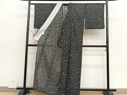 平和屋着物＊夏物　小紋　紗　露芝草葉文　黒地　正絹　逸品　BAAX7239hv