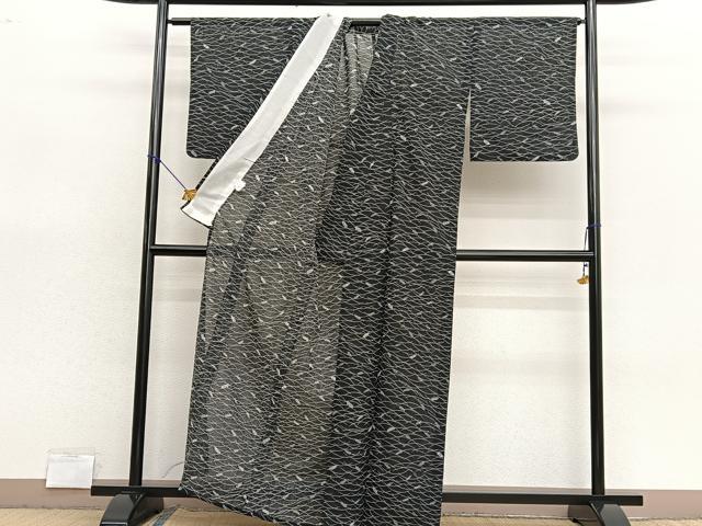 平和屋着物＊夏物　小紋　紗　露芝草葉文　黒地　正絹　逸品　BAAX7239hv