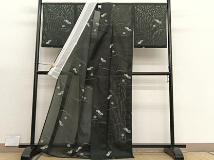 平和屋着物＊夏物　小紋　絽　地紙花文　黒地　洗える着物　BAAX7243hv