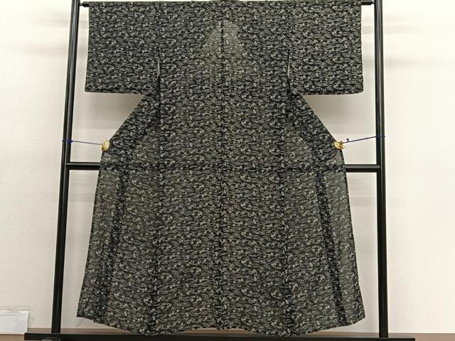 平和屋着物＊夏物　小紋　絽　型染め　吹き寄せ花文　黒地　正絹　逸品　BAAX7275hv