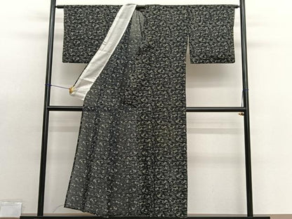 平和屋着物＊夏物　小紋　絽　型染め　吹き寄せ花文　黒地　正絹　逸品　BAAX7275hv