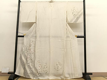 平和屋着物＊夏物　訪問着　縦絽　刺繍　枝花文　暈し染め　銀糸　正絹　逸品　BAAX7282hv