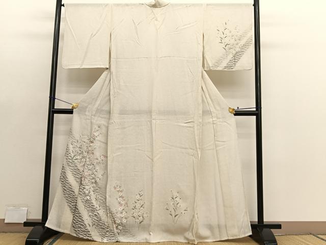 平和屋着物＊夏物　訪問着　縦絽　刺繍　枝花文　暈し染め　銀糸　正絹　逸品　BAAX7282hv