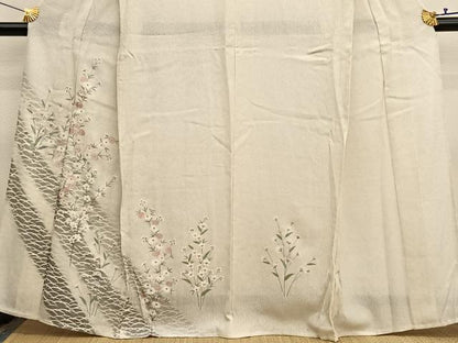 平和屋着物＊夏物　訪問着　縦絽　刺繍　枝花文　暈し染め　銀糸　正絹　逸品　BAAX7282hv