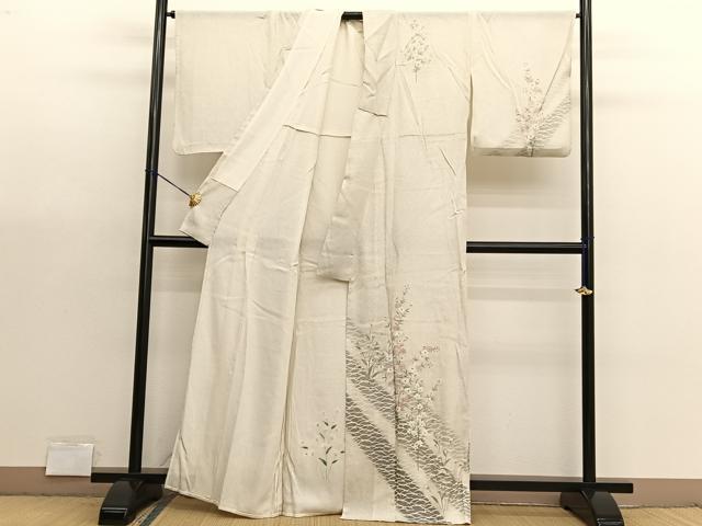 平和屋着物＊夏物　訪問着　縦絽　刺繍　枝花文　暈し染め　銀糸　正絹　逸品　BAAX7282hv