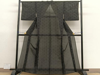 平和屋着物＊夏物　お召　縦絽　花青海波　黒地　正絹　逸品　BAAX7285hv