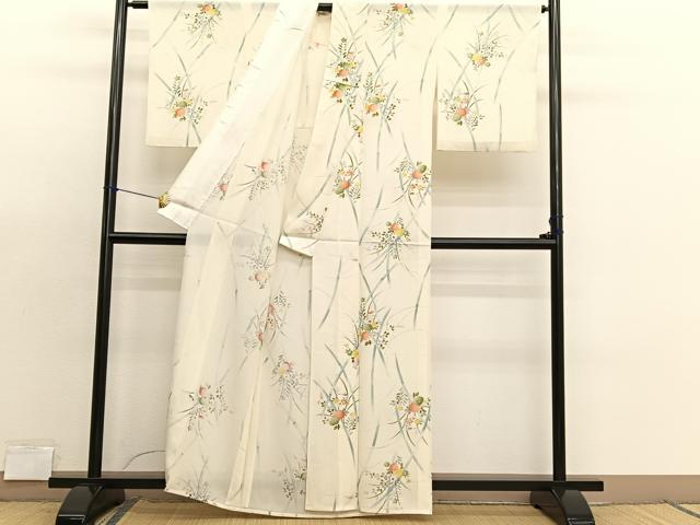 平和屋着物＊夏物　小紋　絽　手描き　草花文　正絹　逸品　BAAX7294hv