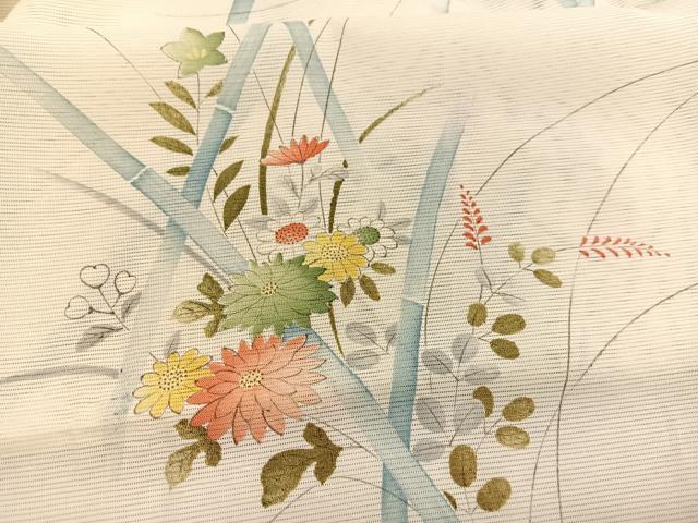 平和屋着物＊夏物　小紋　絽　手描き　草花文　正絹　逸品　BAAX7294hv