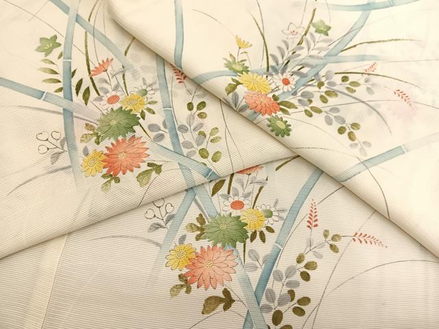 平和屋着物＊夏物　小紋　絽　手描き　草花文　正絹　逸品　BAAX7294hv