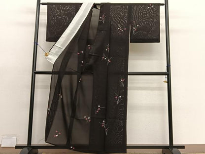 平和屋着物＊夏物　小紋　絽　枝花文　黒地　正絹　逸品　BAAX7296hv