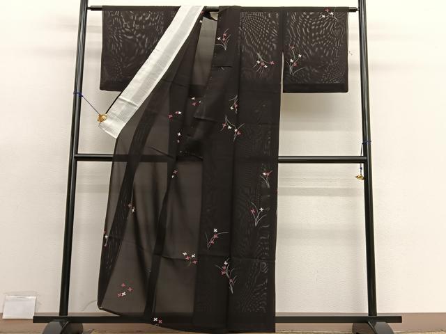平和屋着物＊夏物　小紋　絽　枝花文　黒地　正絹　逸品　BAAX7296hv