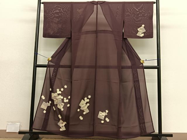 平和屋着物＊夏物　訪問着　絽　色紙有職楓文　銀彩　正絹　逸品　BAAX7299hv
