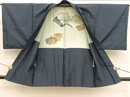 平和屋着物■男性　紬　アンサンブル　格子柄　正絹　逸品　BAAX7339hv