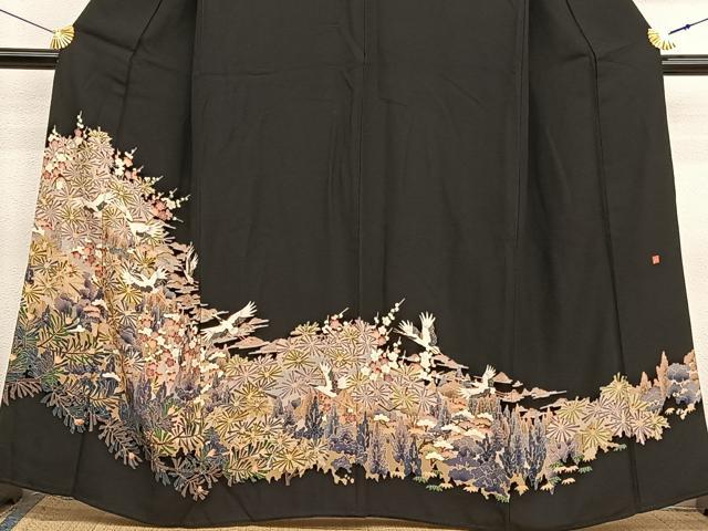 平和屋着物■豪華黒留袖　友禅　作家物　飛鶴花文　正絹　逸品　BAAX7355hv