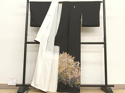 平和屋着物■豪華黒留袖　友禅　作家物　飛鶴花文　正絹　逸品　BAAX7355hv