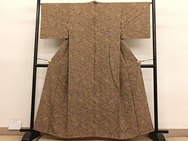 平和屋着物■上質な小紋　御所解飛鶴花文　草木染　正絹　逸品　BAAX7366hv