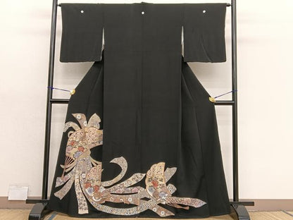 平和屋着物■豪華黒留袖　駒刺繍　束ね熨斗花鳥文　金彩　正絹　逸品　BAAX7381hv