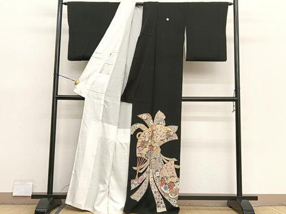 平和屋着物■豪華黒留袖　駒刺繍　束ね熨斗花鳥文　金彩　正絹　逸品　BAAX7381hv