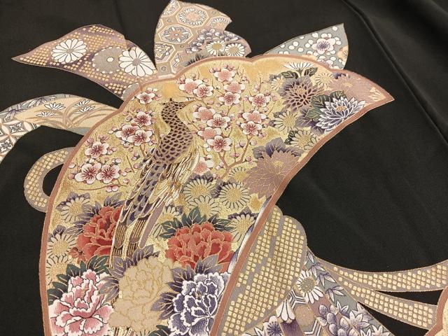 平和屋着物■豪華黒留袖　駒刺繍　束ね熨斗花鳥文　金彩　正絹　逸品　BAAX7381hv