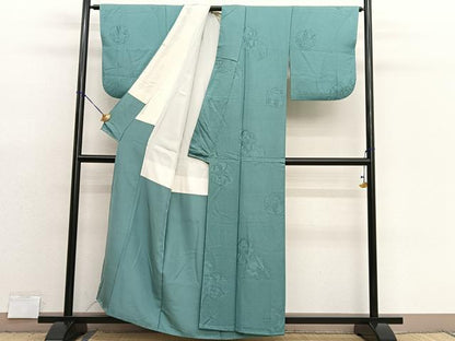 平和屋着物■上質な色無地　鳳凰花絵皿地紋　薄青色　正絹　逸品　BAAX7382hv