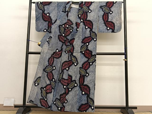平和屋着物∴夏物　浴衣　有松鳴海絞り　舞葉文　綿　逸品　BAAX7415hv