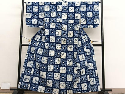 平和屋着物∴夏物　浴衣　有松鳴海絞り　市松花文　綿　逸品　BAAX7436hv