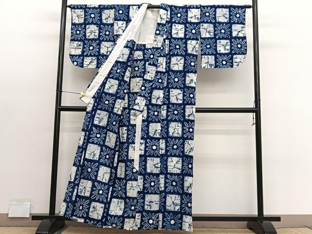 平和屋着物∴夏物　浴衣　有松鳴海絞り　市松花文　綿　逸品　BAAX7436hv