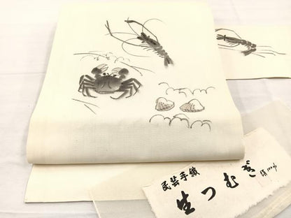 平和屋着物＊夏物　九寸名古屋帯　作家物　手描き　生つむぎ　海老に蟹　証紙付き　正絹　逸品　BAAX7473hv
