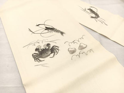 平和屋着物＊夏物　九寸名古屋帯　作家物　手描き　生つむぎ　海老に蟹　証紙付き　正絹　逸品　BAAX7473hv
