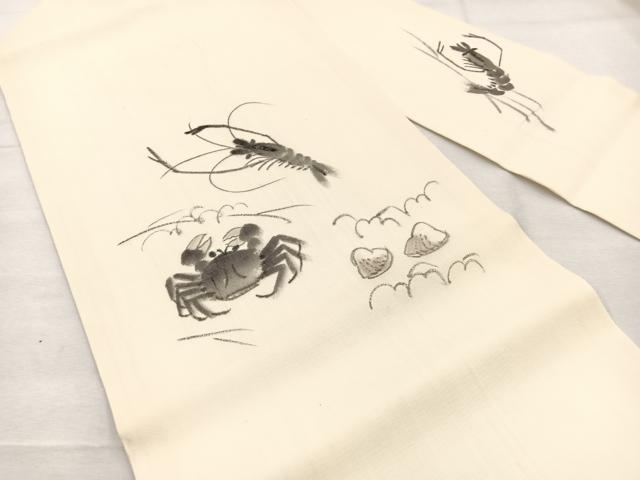 平和屋着物＊夏物　九寸名古屋帯　作家物　手描き　生つむぎ　海老に蟹　証紙付き　正絹　逸品　BAAX7473hv
