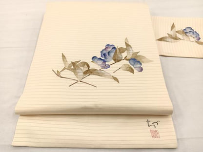平和屋着物＊華道家　楠目ちづ作　夏物　絽塩瀬　九寸名古屋帯　枝花文　銀彩　正絹　逸品　BAAX7474hv