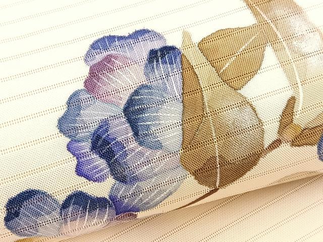 平和屋着物＊華道家　楠目ちづ作　夏物　絽塩瀬　九寸名古屋帯　枝花文　銀彩　正絹　逸品　BAAX7474hv