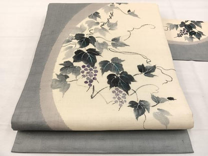 平和屋着物＊夏物　九寸名古屋帯　手描き　葡萄蔦の葉文　正絹　逸品　BAAX7486hv