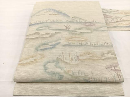 平和屋着物＊夏物　九寸名古屋帯　風景文　銀糸　正絹　逸品　BAAX7489hv