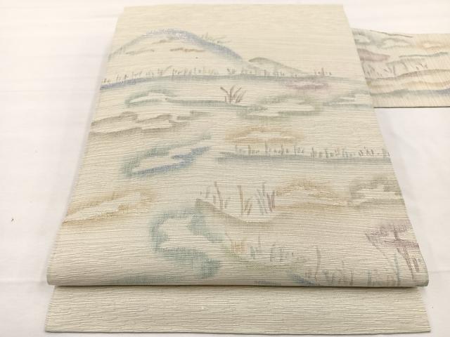 平和屋着物＊夏物　九寸名古屋帯　風景文　銀糸　正絹　逸品　BAAX7489hv