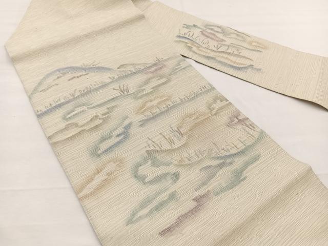 平和屋着物＊夏物　九寸名古屋帯　風景文　銀糸　正絹　逸品　BAAX7489hv