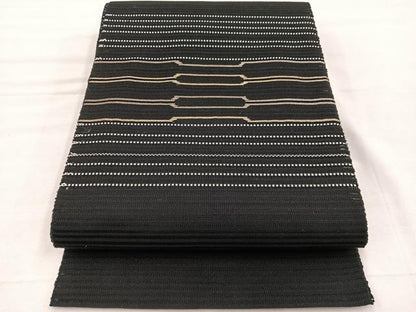 平和屋着物＊夏物　八寸名古屋帯　絽綴れ　横段文　黒地　金糸　正絹　逸品　BAAX7493hv