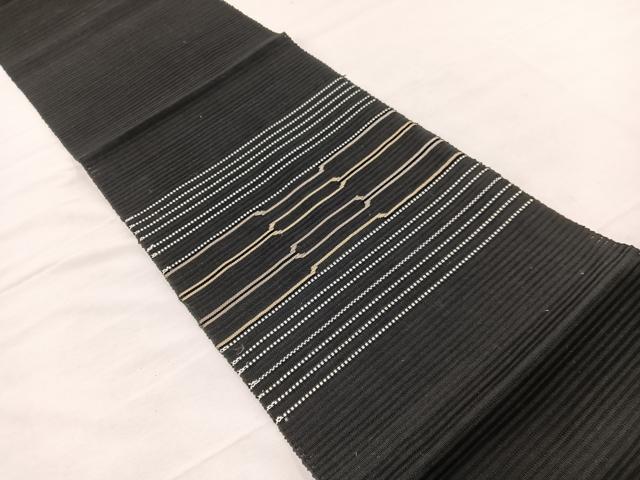 平和屋着物＊夏物　八寸名古屋帯　絽綴れ　横段文　黒地　金糸　正絹　逸品　BAAX7493hv