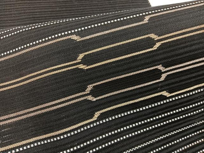 平和屋着物＊夏物　八寸名古屋帯　絽綴れ　横段文　黒地　金糸　正絹　逸品　BAAX7493hv